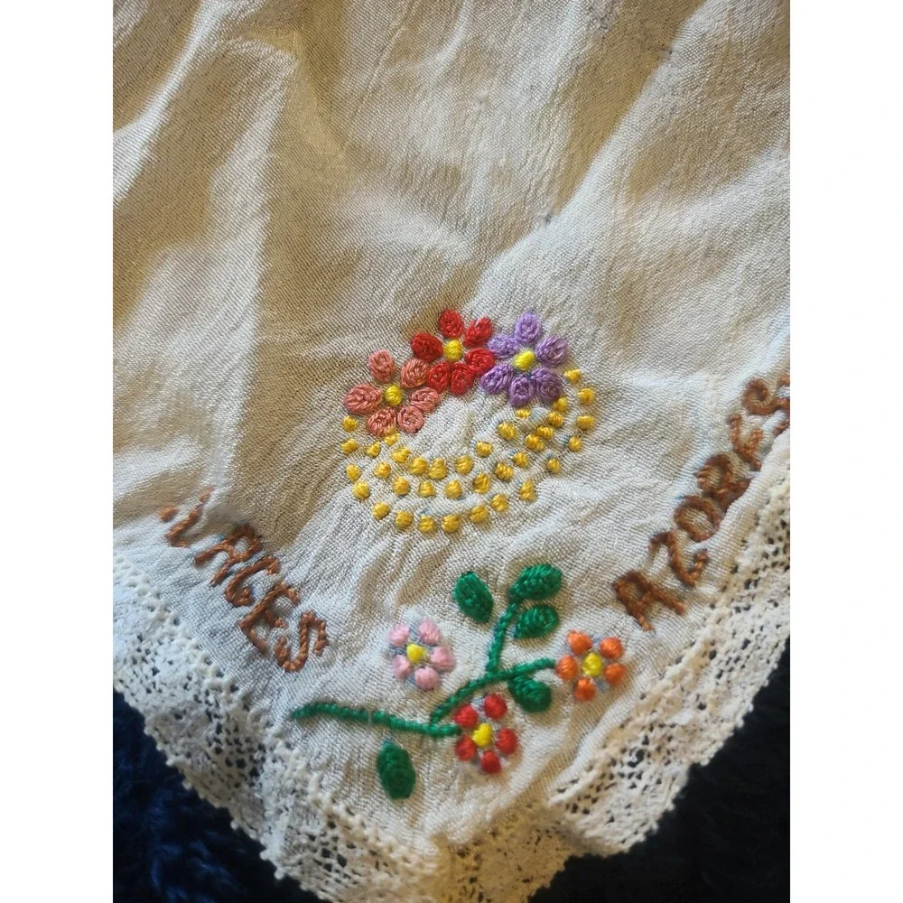 Vintage Terceira Azores Embroidered Red Silk Linens Set 3pc Floral Crochet Lace